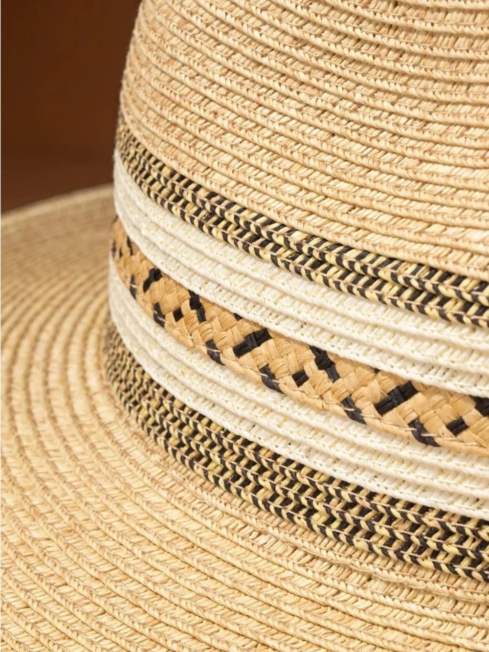 Wide Brim Straw Sun Hat in Natural with Black & Tan Trim